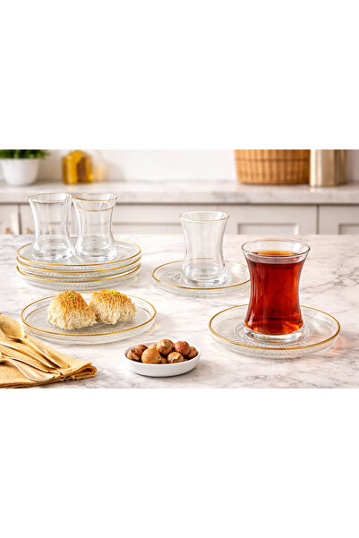 Eksen Gold Detaylı Cam Çay Seti 18 Parça | Çay Bardağı, Tabak ve Servis Tabağ...