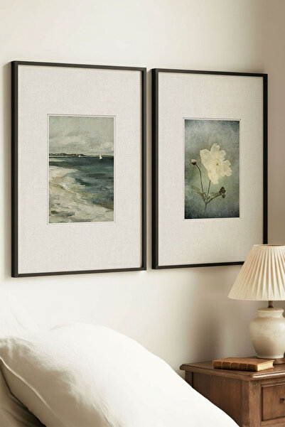 Zevahir Home 2 PIESE TABLURI VINTAGE CU MARINĂ ȘI FLORI ALBE, ÎNRĂMATE ÎN LEM...