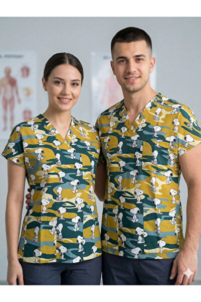 temex DESENLİ SCRUBS TEK ÜST SEVİMLİ KARAKTER DESENLİ ÜNİFORMA İŞÇİ KIYAFETİ ...