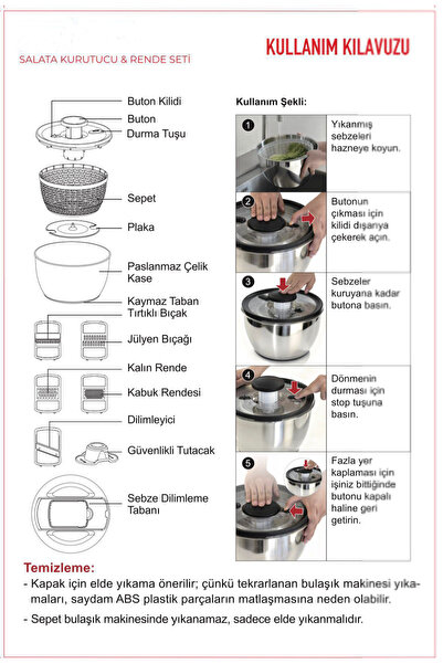 WOOF HOME Salata Kurutucu & Rende Seti Çok Fonksiyonlu Doğrayıcı ve Kurutucu Paslanmaz Çelik Set