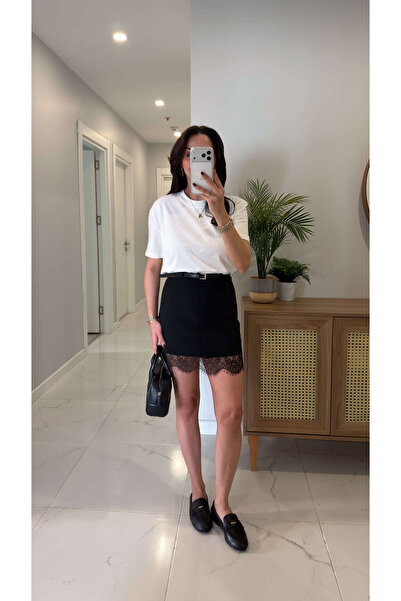 BİRCANÇİL Hertans Black Lace Detailed Short Skirt with Belt Details