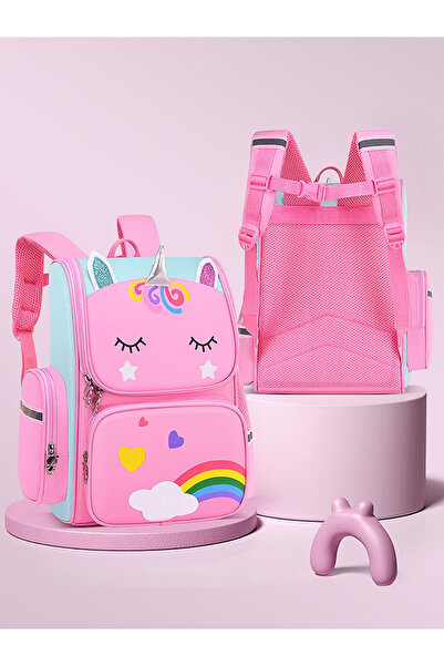 Denostore Kız Çocuk İlkokul Pembe Unicorn Desenli Gökkuşağı Detaylı Çok Bölme...