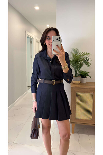 BİRCANÇİL Willedra Dark Navy Blue Shirt with Skirt Belt in TENCEL™ Set