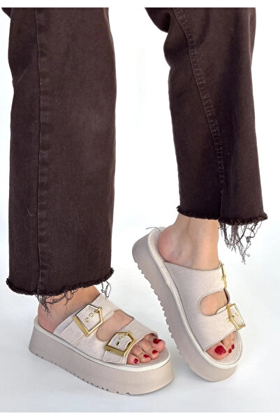 ALFA AKSESUAR 03 Coer Beige Suede Pair Buckled Slipper