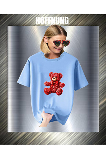 HOFFNUNG Unisex Short Sleeve Round Neck Red Rose Bear Printed Solid Color Tshirt