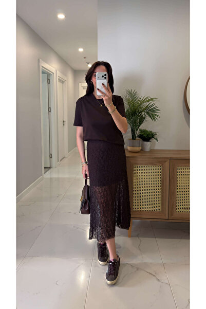 BİRCANÇİL Fustă Tunwer Kahve, set de dantelă piese