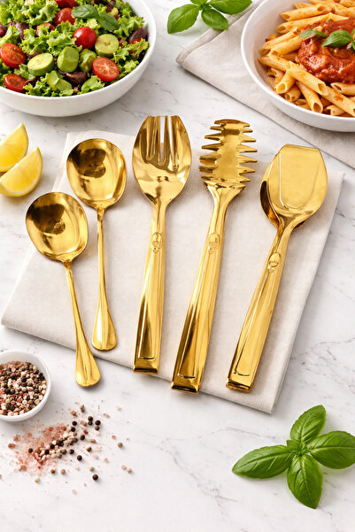 ley Gold Renk Servis Maşası ve Kepçe Seti 5 Parça | Salata, Makarna ve Servis...