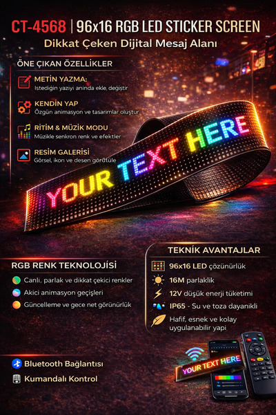 Cata CT 4568 Esnek Yapışkanlı Led Panel 96X16 RGB