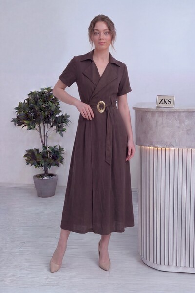 zks grup tekstil Women's Double-Breasted Collar Gold Detail Belted Dress Brow...