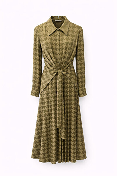 Senna Design Women's Waist Knotted Patterned Long Sleeve Dress