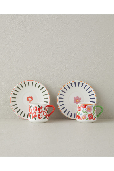 English Home Bright Match New Bone China 4 Piece 2 Person Coffee Cup Set 90 m...