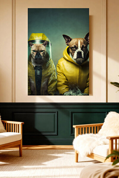 Mushen Studio Câini Bulldog în pelerină galbenă, tablou pe pânză, decor moder...