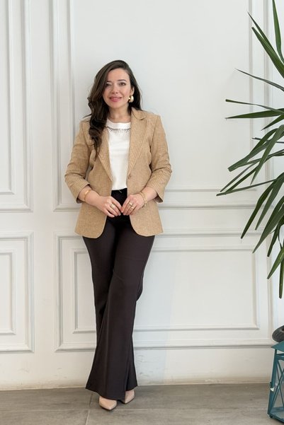 yb yağmur butik Tek Düğme Detaylı Çizgili Blazer Ceket