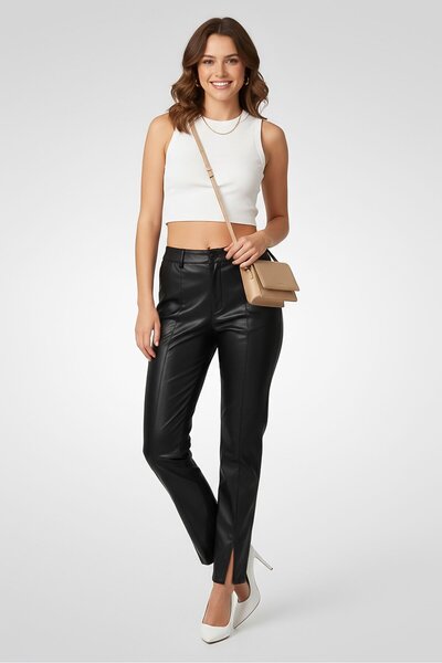 The Giving Movement بنطال نسائي سكيني فيت جلد سبليت، أسود