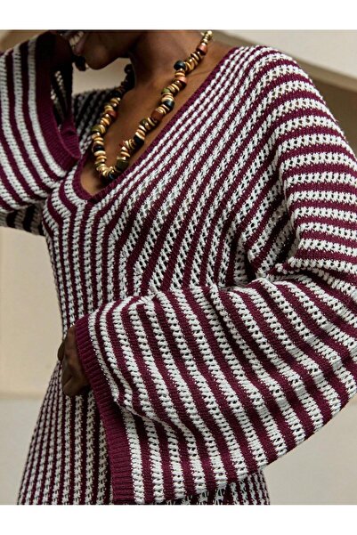 Sea Style Burgundy Striped Knitwear Long Dress V-Neck, Bohemian Stylish Casua...