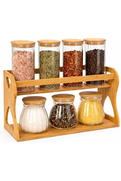 TOSHIONICS Bamboo Spice Rack with 7 Glass Jars- 2 Tier Kitchen Organizer with...