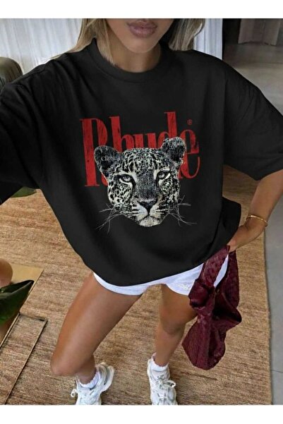 one button Leopar Kaplan Baskılı Premium Oversize T-shirt