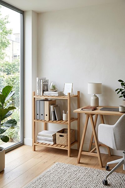 Exent , Dekoratif 3 Raflı Doğal Ahşap Ofis Kitaplık, Çok Amaçlı Dolap