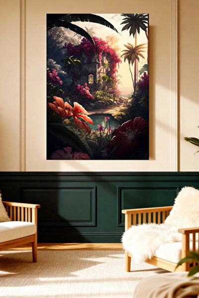 Mushen Studio Tablou pe pânză cu grădină tropicală exotică și casă de piatră,...