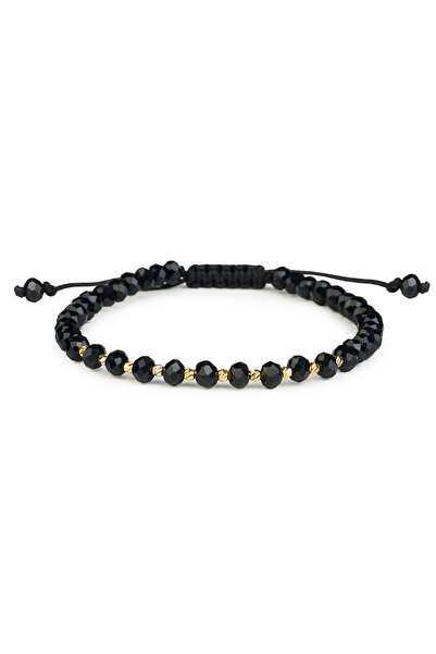 One Gold Bracelet with 10 beads 14K Gold "585" and Black Crystals, adjustable