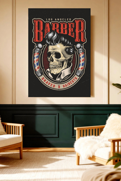 Mushen Studio Los Angeles Barber Skull Pompadour Vintage Canvas Print Solvent...