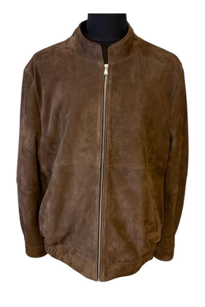 asus deri Merlin - Genuine Leather - Suede -Hakim Yaka Cognac Men's Jacket