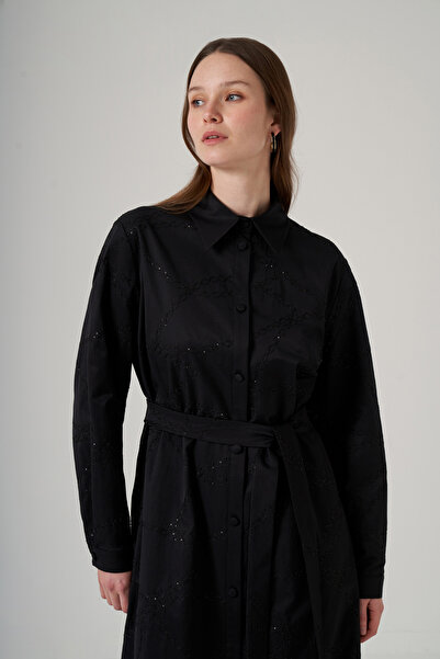 Nuss Buttoned Front Sequin Detailed Belted Dress 2044 Black