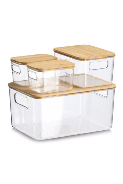 zeller Set of 4 storage boxes, plastic/bamboo, 31x22x15 cm, transparent/brown