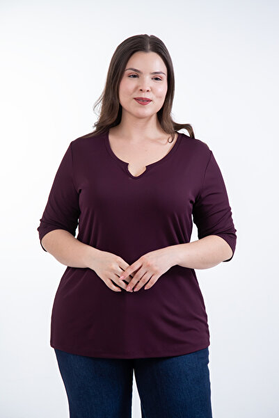 Roxxlen Women's Plus Size Collar Detail Badi Mürdüm