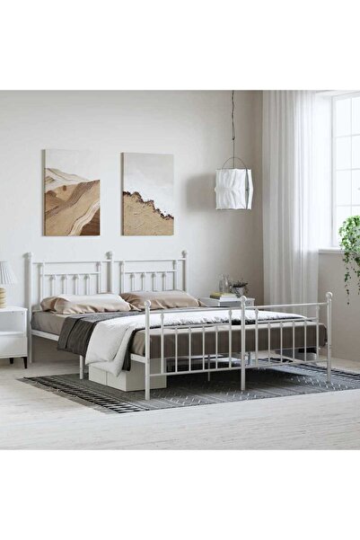 Concept Cadru de pat metalic cu tăblie de cap/picioare, alb, 183x213 cm