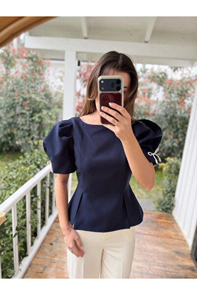 My Blog Navy Blue Blouse with Pearl Bow on the Sleeves - 5001