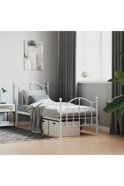 Concept Cadru de pat metalic cu tăblie de cap/picioare, alb, 75x190 cm
