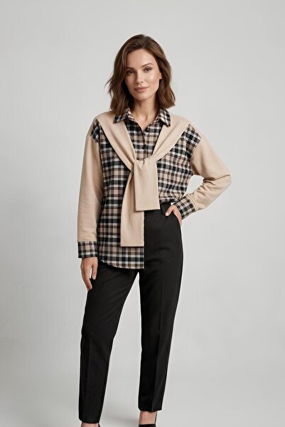zenne Vurgulu Plaid Shirt Milk Coffee - 6450