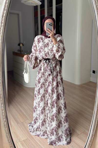 Ka Hijab Floral Print Bat Sleeve Lined Dress - Burgundy
