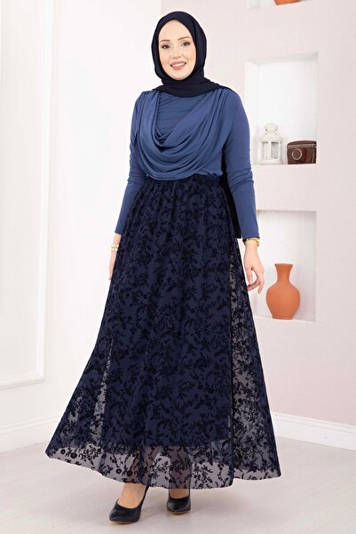 OC فستان فلوك مطبوع مبطن تول باللون الأزرق الداكن