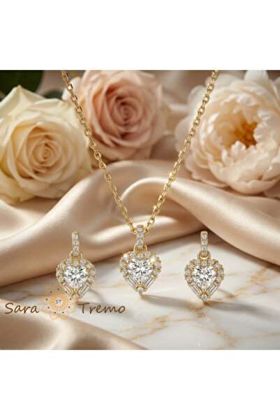 SaraTremo Delicate Heart Set – 14K Gold Plated Jewelry Set with Zirconia Crys...