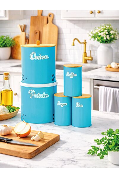 decorev 5 Parça Bambu Kapaklı Metal Patates & Soğan Saklama Kovası ve Çay Kah...