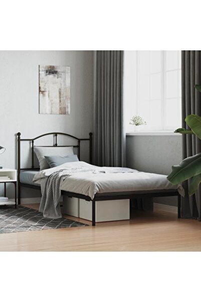 Concept Cadru de pat din metal cu tăblie, negru, 107x203 cm