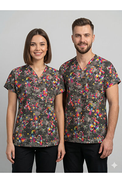 temex DESENLİ SCRUBS KURDELA DESEN TEK ÜST HEMŞİRE DOKTOR FORMASI İŞÇİ KIYAFE...