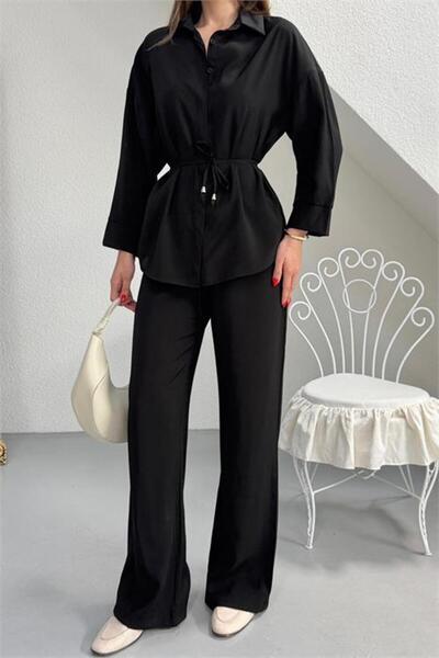 Dipmoda Γυναικείο μαύρο πουκάμισο με λεπτομέρεια δέσιμο στο γιακά και διπλό σ...