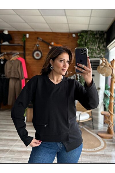 DISHI FASHİON V-Neck Asymmetric Sweatshirt with Front Zipper