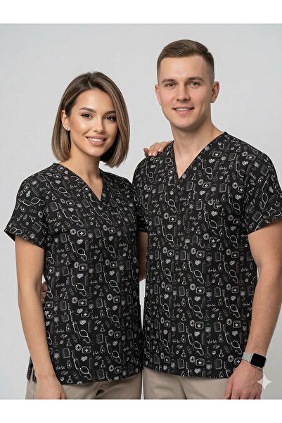 temex DESENLİ SCRUBS TEK ÜST LİKRALI SİYAH DESENLİ ÜNİFORMA HEMŞİRE DOKTOR FO...