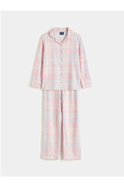LC Waikiki M1 Sezon Pink Shirt Collar Plaid Girls' Pajama Set