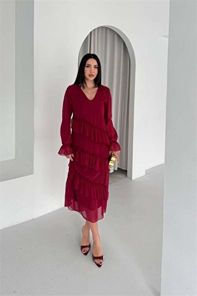 Dipmoda Women's Burgundy V-Neck Layered Ruffle Detail Midi Length Chiffon Dre...