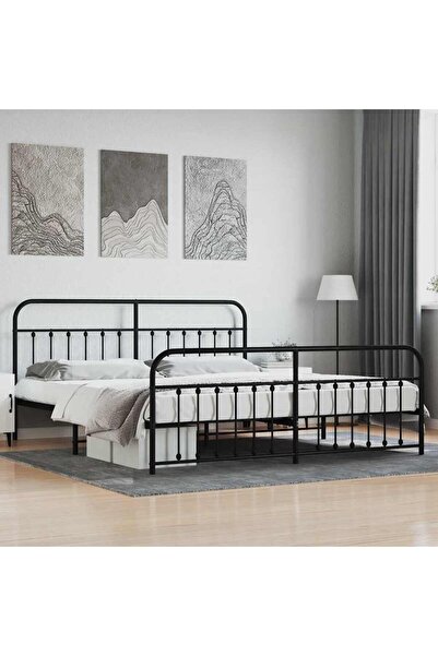 Concept Cadru pat metalic cu tăblii de cap/picioare, negru, 200x200 cm