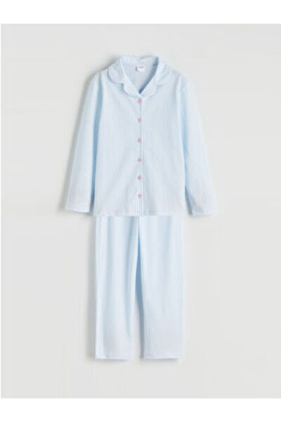 LC Waikiki M1 Sezon White Striped Shirt Collar Girls' Pajama Set