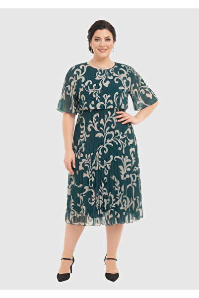 LİLAS XXL Büyük Beden Yeşil Desen Baskılı Şifon Elbise