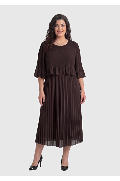 LİLAS XXL Büyük Beden Kahve Şifon Elbise