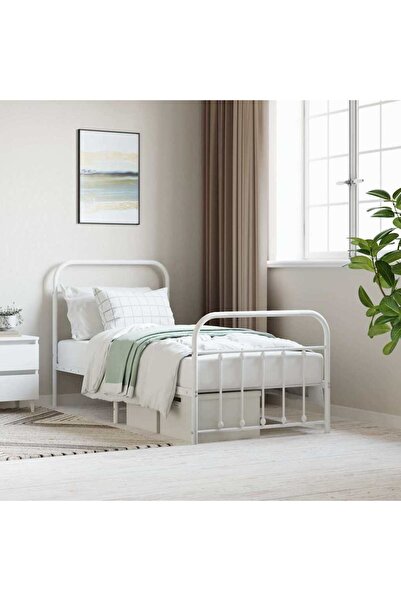 Concept Cadru de pat metalic cu tăblie de cap/picioare, alb, 90x200 cm