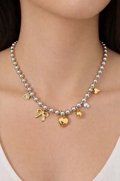 TAKIŞTIR Silver Color Ball Chain Detail Mixed Charms Steel Necklace